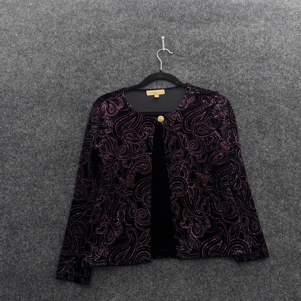 Notations Petite Black Velvet Pink Glitter Paisley Open Front Cardigan Jacket PM